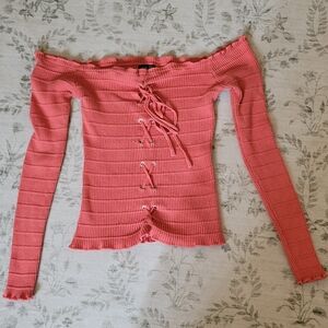 Rue 21 Coral/Pink/Red Knit Trim Off Shoulder Cropped Tie Blouse Women's Large